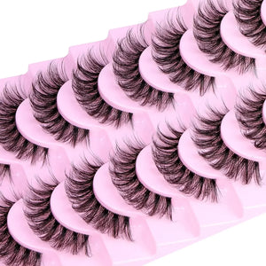 10 Pairs Wispy D Curl Faux Mink Lashes, Clear Band, Natural Fluffy Style