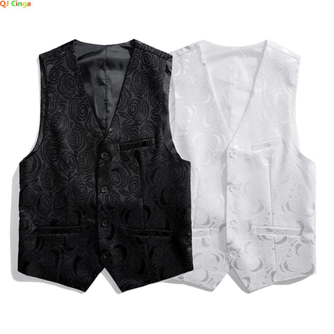 Embroidered Rose V-neck Sleeveless Men's Vest Jacket, White/Black, Single-Breasted Waistcoat, Asian Size