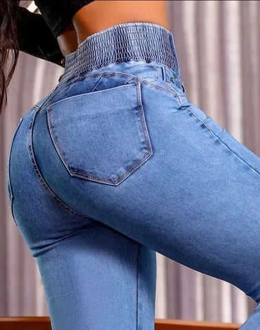 2024 High Waist Back Shirred Button Front Casual Women's Jeans