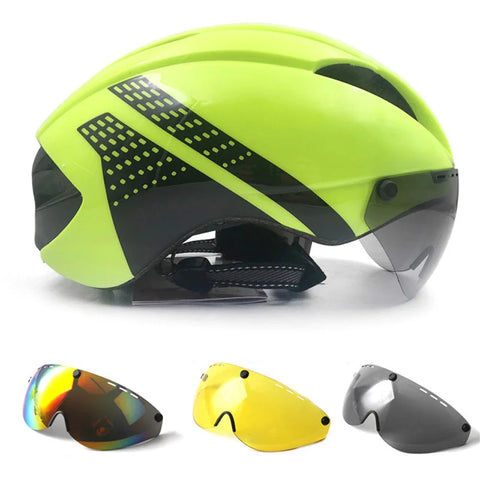 Aero Time Trial Bike Helmet with Goggles Lens for Men - Road Cycling Safety Cap
