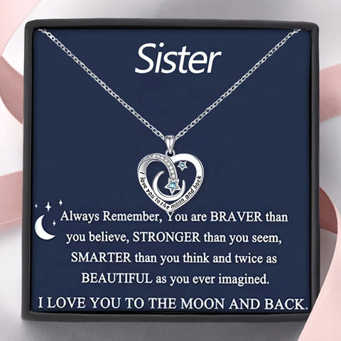 Heart-Shaped Moon Copper Necklace with Zircon, I Love You to the Moon and Back, Sister Gift, Birthday Card & Box Included