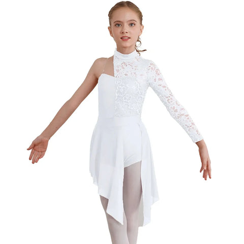 Girls Asymmetric One Shoulder Lace Dance Dress Ballet Gymnastics Skating Leotard