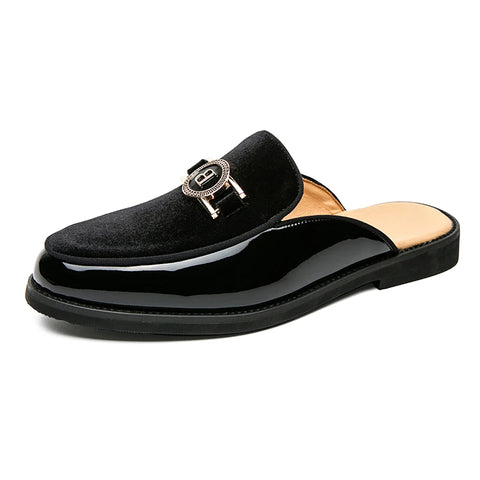 Black Leather Casual Mules: Men's Summer Fashion Flats Slip-On Loafers, Breathable Outdoor Slippers