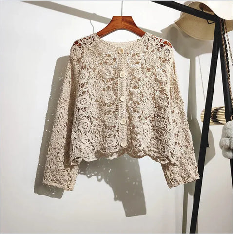 2024 Spring Summer Women's Lace O Neck Long Sleeve Hollow Cotton Cardigan Shawl