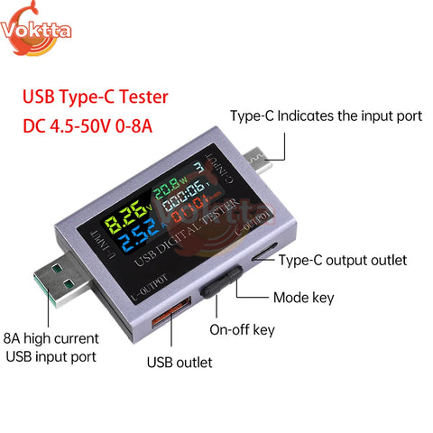 Dual USB Type-C Tester 4.5-50V 0-8A Digital Display Voltage Amp Meter Power Bank Charger Analyzer