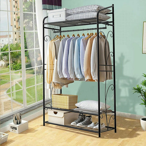 Black Metal Clothes Rack Stand with Shelves for Shoes & Closet Organization, Heavy Duty Garment Rail