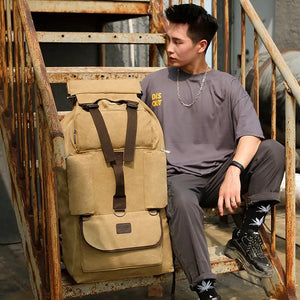 100L Canvas Backpack for Travel & Hiking - Men's Large Capacity Pack with Blanket Storage