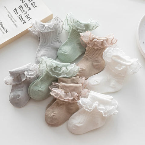 Autumn Winter Baby Lace Ruffle Socks 4 Colors, Anti-Skid Toddler Princess Socks
