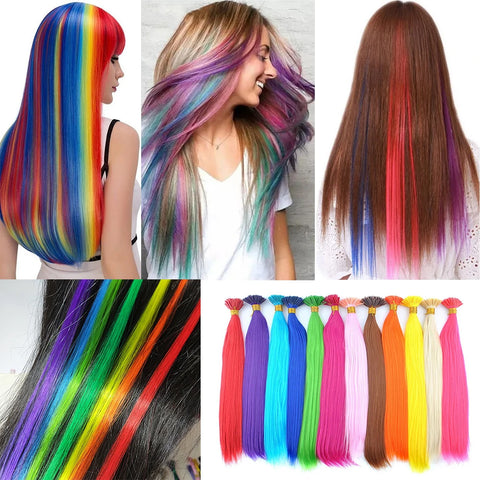 Colored I-Tip Feather Hair Extensions, 10-50 Strands/Pack, High Temp Fiber, Solid Colors, Women's Hair Accessories