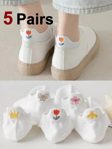 5 Pairs Women's Cute Flower Short Socks - Trendy, Soft, Breathable, Sweat-Absorbing Casual Socks