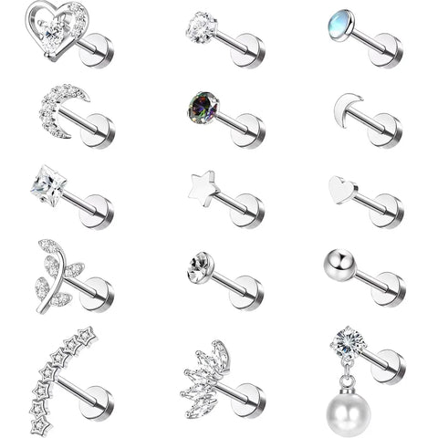 16g Stainless Steel Cartilage Stud Earrings Opal Ear Lip Nose Piercing Jewelry for Women