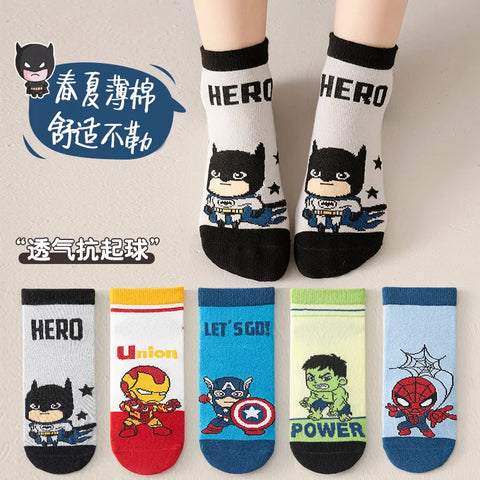 5 Pairs Avengers Kids Cotton Socks: Spiderman, Iron Man, Hulk, Thor, Cartoon Spring Summer Short Socks