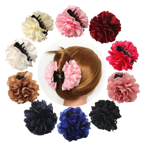 French Camellia Satin Hair Claw Clip - Elegant Solid Color Hairpin for Romantic Hairstyles