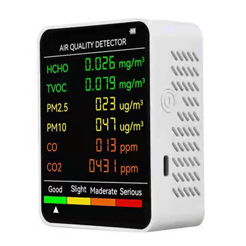 6-in-1 Air Quality Detector: PM2.5, PM10, HCHO, TVOC, CO, CO2 Monitor for Home & Office