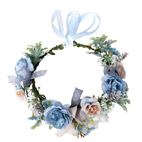 Blue Flower Hair Wreath Adjustable Ribbon Headband for Women Girls Festival Wedding Party