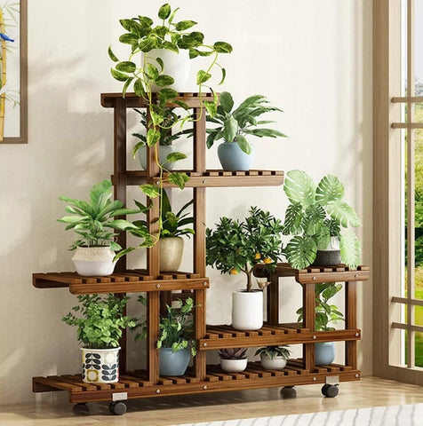 6 Tier Carbonized Wood Plant Stand Indoor Outdoor Patio Organizer