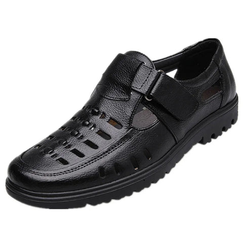 2023 Men's Genuine Leather Casual Sandals Hook & Loop Breathable Hollow Middle-Aged Summer Shoes