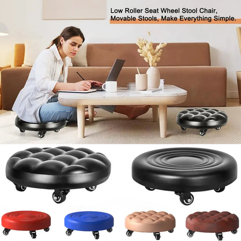 Adjustable Rolling Leather Stool, Low Height with Wheels, Removable Round Seat for Home Use