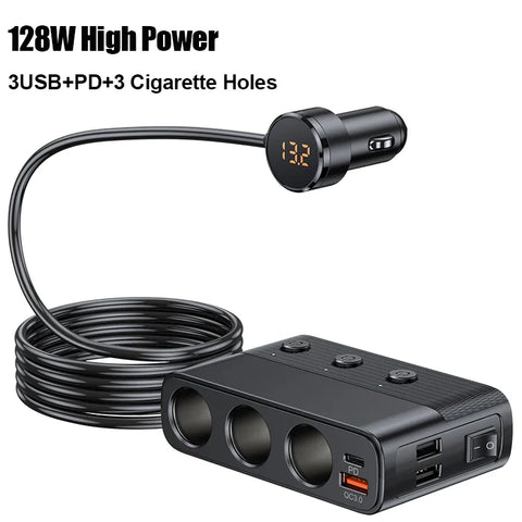 128W Car Charger Splitter, Multi-Port Adapter PD30W/QC3.0, Cigarette Lighter Socket with Switch