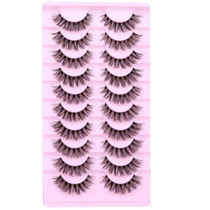 10 Pairs Wispy D Curl Faux Mink Lashes, Clear Band, Natural Fluffy Style