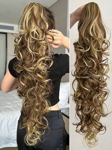 32" Long Body Wave Claw Ponytail Hair Extension, Heat Resistant Synthetic Curly Wavy Hairpiece for Women, Blonde
