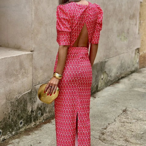 Geometry Print Puff Sleeve Top & Dress Set - O Neck Backless Evening Outfit 2pc Summer Fashion Slit Skirt Suit