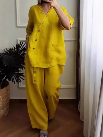 2024 Summer Women's Cotton Hemp Two-Piece Set: Button Top & Wide Leg Pants with Seven-Sleeve Design