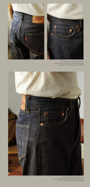 Men's Relaxed Straight Fit Jeans Raw Selvedge Denim Amekaji Style Pants 55501 Red Tornado