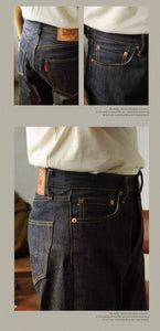 Men's Relaxed Straight Fit Jeans Raw Selvedge Denim Amekaji Style Pants 55501 Red Tornado