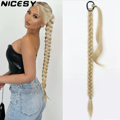 85cm Synthetic Braided Ponytail Hair Extensions, Blonde/Black Hairpiece with Rubber Band