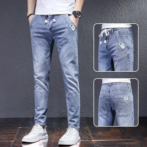 Elastic Waist Light-Wash Denim Jeans Loose-Fit Harem Pants Casual Spring Summer Thin Style