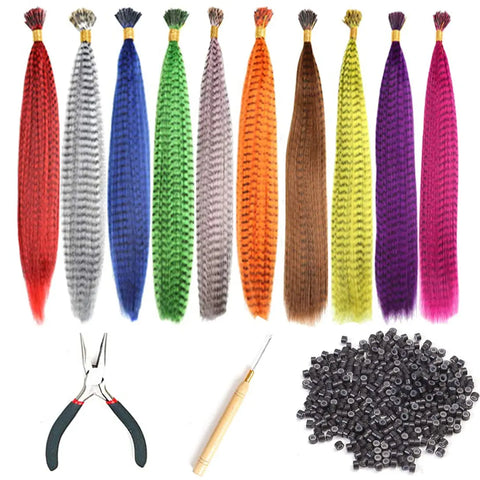 10 Pcs Colored Feather Hair Extensions I Tip Synthetic Zebra Strands Hairpiece
