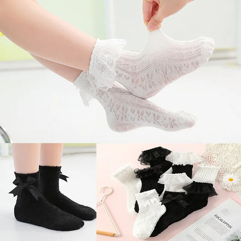 Baby Toddler Lace Ruffle Mesh Socks - White Black Breathable Cotton Short Dance Socks