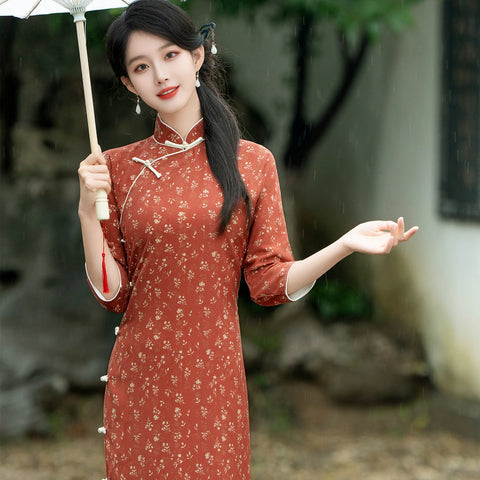 2024 Retro Floral Qipao Dress Women's Sexy Plus Size Cheongsam Long Bodycon S-XXXL