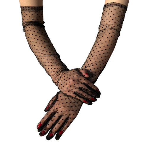 Elegant Women's Black White Polka Dot Lace Tulle Gloves Wedding Full Finger Stretch Mesh