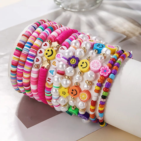 12pcs Boho Chic Polymer Clay Bracelets Set - Summer Fashion Smile Beads for Girls
