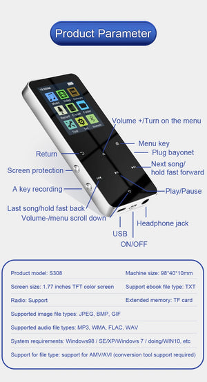 2" Metal Touch MP3 MP4 Music Player, Bluetooth 5.0, FM Radio, Alarm, E-book, Card Support