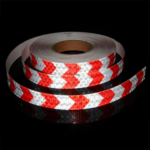 10m Reflective Safety Tape Roll 2.5cm White-Red Arrow Adhesive for Bikes, Cars, Waterproof Warning Stickers, Road Visibility