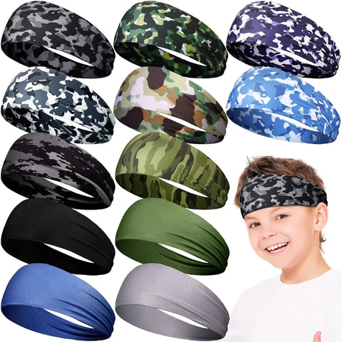 Boys Sports Headbands Kids Camo Sweatbands Athletic Elastic Hairbands for Football Soccer Running Workouts