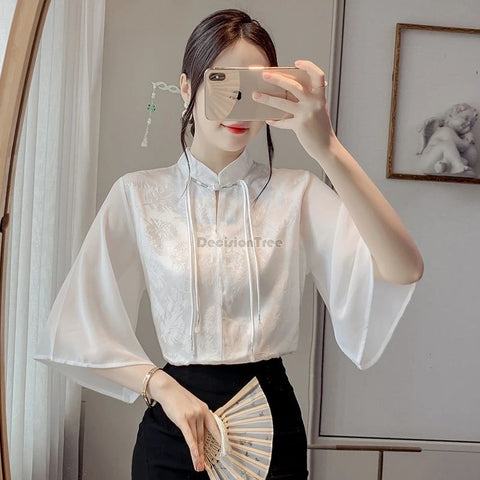 2025 Retro Chinese Tang Suit Top - Elegant Solid Color Hanfu Blouse with Tassel Button