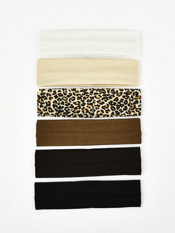 6pcs Unisex Solid & Leopard Print Sweatband Set for Sports, Yoga, Cycling, Running, Face Wash