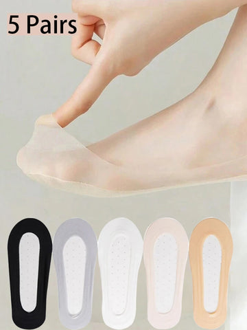5 Pairs Women's Invisible Ankle Socks Non-Slip Cotton Low Cut No-Show Boat Socks - White Summer Set