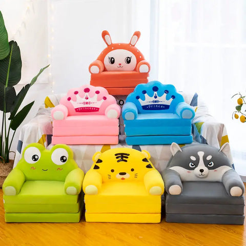 Cartoon Foldable Kids Sofa Bed Plush Seat Armchair Flip Open 2-in-1 Upholstered Couch for Infant Toddler
