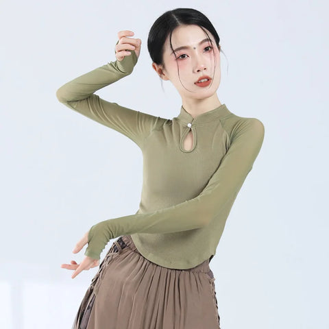 Classical Dance Top with Cheongsam Collar & Gauze Sleeves - Elegant Performance & Practice Wear