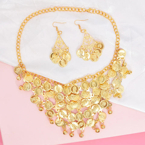 Golden Belly Dance Coin Necklace & Earrings Set - 2pcs Jewelry for Performances