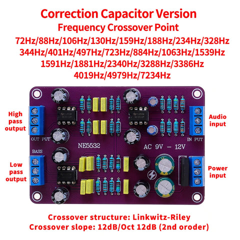 2-Way Electronic Frequency Divider Pre-Stage Linkwitz-Riley Filter NE5532 Correction Capacitor 72Hz-7234Hz