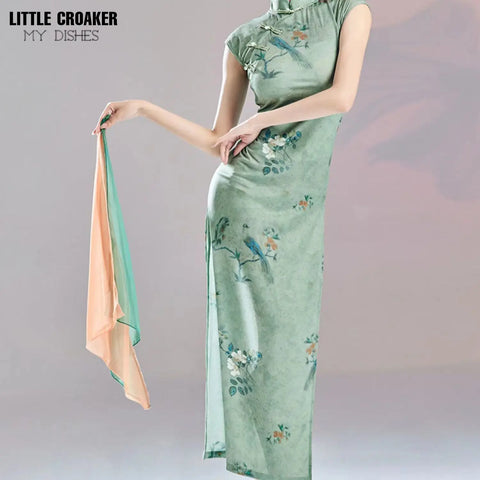 Green Chinese Cheongsam Dance Dress 2024 Modern Qipao Costume