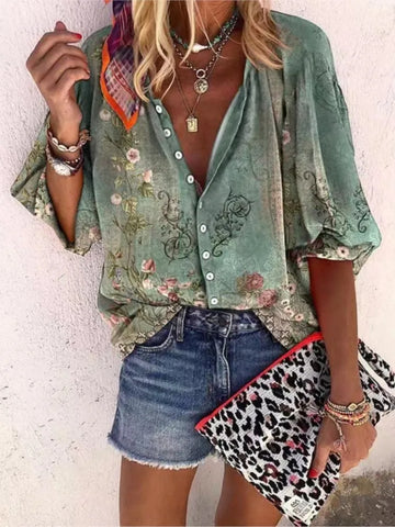 2024 Women's Vintage Print Bohemian Blouses & Shirts Casual Vacation Single-Breasted Streetwear