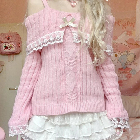 Cute Harajuku Off-Shoulder Lace Trim Sweater Kawaii Y2K Vintage Long Sleeve Pullover Jumper