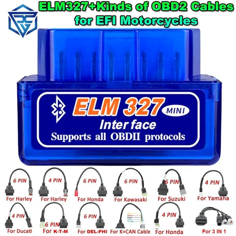Bluetooth OBD2 Scanner for Harley, Suzuki, Yamaha, Kawasaki Motorcycles - Android Compatible Elm327 Mini with EFI Cable